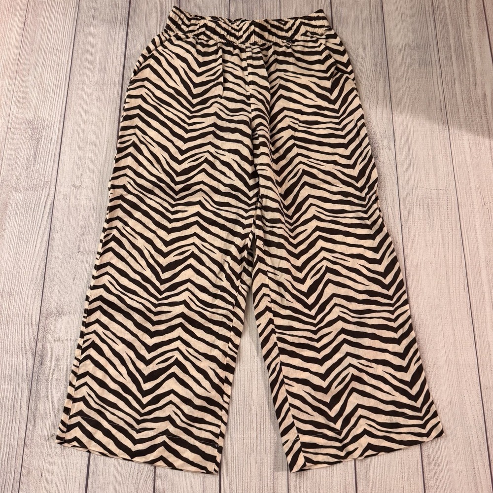 Tahari Women's Small 100% Linen Zebra Print Wide Leg Pull On Pants Animal